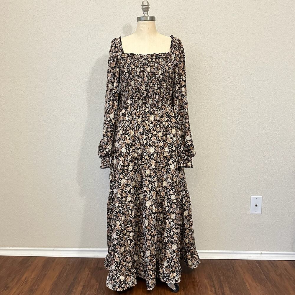 BLU PEPPER Maxi Dress Multi Floral Smocked Square Neck Boho Cottage NWT